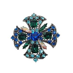 Vintage Emerald Green Rhinestone Brooch Aurora Borealis Crystal Pin Sliver Tone
